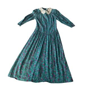 Belle France Vintage Floral Midi Dress Lace Collar Teal Green Cottagecore Sz 2